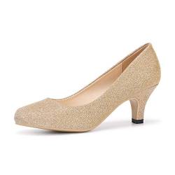 OCHENTA Damen Low Kitten Heels Round Toe Slip On Comfort Dress Schuhe Pumps, Gold / Glitzer, 39 EU von OCHENTA