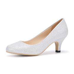 OCHENTA Damen Low Kitten Heels Round Toe Slip On Comfort Dress Schuhe Pumps, Silber Glitter, 40.5 EU von OCHENTA