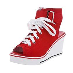 OCHENTA Damen Peep Toe Canvas Keilabsatz Plateau Fashion Sneaker, Rot/Ausflug, einfarbig (Getaway Solids), 37.5 EU von OCHENTA