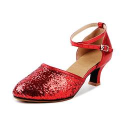 OCHENTA Damen elegante, jazzige, moderne, atemberaubende Glitzersandalen mit klassischer runder Spitze, 3,5 cm Absatzhöhe 37 EU Gummi Rot von OCHENTA