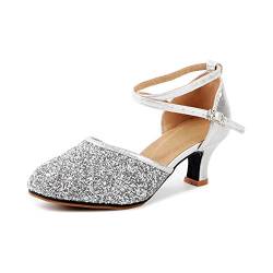 OCHENTA Damen elegante, jazzige, moderne, atemberaubende Glitzersandalen mit klassischer runder Spitze, 3,5 cm Absatzhöhe 37 EU Gummi Silber von OCHENTA