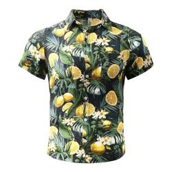 OCHENTA Little & Big Jungen Hawaii-Hemd mit Knopfleiste, Blumenmuster, kurzärmelig, Aloha, tropisches Kleid, Tops, F Black Lemon, Klein von OCHENTA