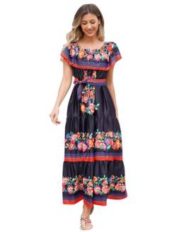 ODASDO Mexikanische Kleider für Frauen, traditionelles Fiesta, schulterfrei, Maxikleid, Sommer, lässig, Party, Strandkleid, Schwarz, Groß von ODASDO