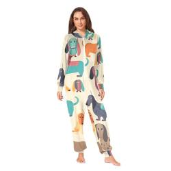 Affen mit Herzen Erwachsene Onesie Pyjama Warm Strampler Nachtwäsche Fleece Onesies Pyjama Jumpsuit, Dackel auf Beige, Large von ODAWA