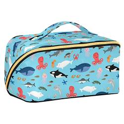 ODAWA Blaue Meerestiere Reise Make-up Tasche Tragbare Große Öffnung Kosmetiktasche Tolietry Tasche für Frauen und Mädchen, Blaue Meerestiere von ODAWA