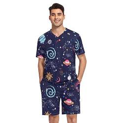 ODAWA Herren Pyjama-Set mit Schweinchen-Portrait, Schlafshirt und Shorts, Pyjama-Set mit Taschen, Blau, Star Space Schwarzer Hintergrund, S von ODAWA