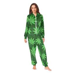 ODAWA Onesies Pyjamas Einteiler Reißverschluss Kapuze Playsuit Loungewear Nachtwäsche Overall Kostüm, Cannabis-Blätter, Medium von ODAWA