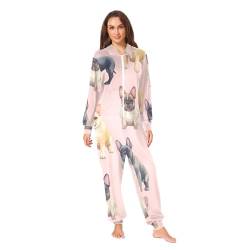 ODAWA Onesies Pyjamas Einteiler Reißverschluss Kapuze Playsuit Loungewear Nachtwäsche Overall Kostüm, Französische Bulldoggen, Rosa, Medium von ODAWA