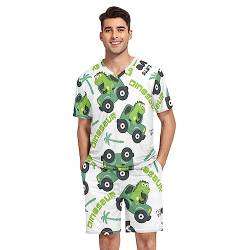 ODAWA Pig Portrait Herren-Pyjama-Set, Schlafhemd und Shorts, Pyjama-Set, Herren-Pyjama-Shorts mit Taschen, Blau, Dinosaurier Kindish Dino-Auto, Small von ODAWA