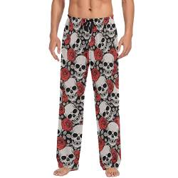 ODAWA Pyjamahose für Herren Herbst Ernte Schlaf Lounge Hose mit Taschen Lange PJ Hose, Halloween-Totenkopf-Rosen, L von ODAWA