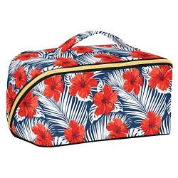 ODAWA Reise-Make-up-Tasche im Vintage-Stil mit Hawaii-Blumen, tragbar, große Öffnung, Kosmetiktasche für Damen und Mädchen, Palmenblätter von ODAWA