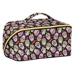 ODAWA Reise-Make-up-Tasche mit Spinnennetz-Hintergrund, tragbar, große Öffnung, Kosmetiktasche für Damen und Mädchen, Sugar Skull von ODAWA