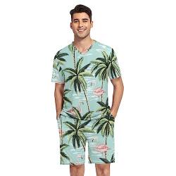 ODAWA Summer Beach Elements Herren Pyjama-Set Kurzarm Pyjama Set 2 Stück Nachtwäsche Nachtwäsche Sets, Vintage Flamingo Palme, X-Large von ODAWA