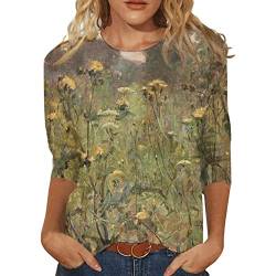 Damen 3/4 Arm Oberteile Tops Elegant Langarm Blumen Bluse Tshirt Lose Rundhals Damen T-Shirt Mode Damenblusen Bunte Blumenmuster Druck Tunika Shirt Sommershirts von ODJOY-FAN