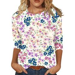 Damen 3/4 Arm Oberteile Tops Elegant Langarm Blumen Bluse Tshirt Lose Rundhals Damen T-Shirt Mode Damenblusen Bunte Blumenmuster Druck Tunika Shirt Sommershirts von ODJOY-FAN