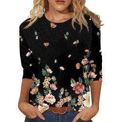 Damen 3/4 Arm Oberteile Tops Elegant Langarm Blumen Bluse Tshirt Lose Rundhals Damen T-Shirt Mode Damenblusen Bunte Blumenmuster Druck Tunika Shirt Sommershirts von ODJOY-FAN