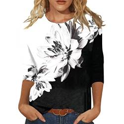 Damen 3/4 Arm Oberteile Tops Elegant Langarm Blumen Bluse Tshirt Lose Rundhals Damen T-Shirt Mode Damenblusen Bunte Blumenmuster Druck Tunika Shirt Sommershirts von ODJOY-FAN