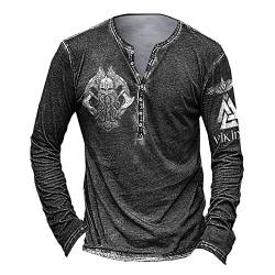 Herren Langarmhemd Mit Knopfleiste Retro Strick Drucken Langarmshirt Langarm V-Ausschnitt Sportshirt Slim Fit Sportshirt Laufshirt Für Männer Sweatshirt Basic Freizeit Henley-Shirt T-Shirt von ODJOY-FAN