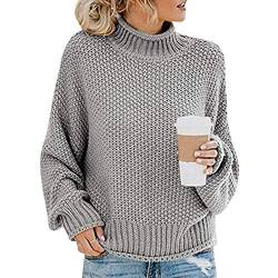 Grobstrick Knitted Turtleneck Pullover Damen Strick Strickpullover Damen Oversize Winterpullover Strickpulli Pulli Damen Übergröße Pullis Frauen Dicker Zopfstrick Pullovers Damen Lockerer Grau XL von ODOKEI