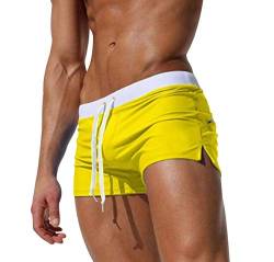 ODOKEI Badeshorts Herren Badehose Männer Kurz Enge Schwimmhose Schwimmshorts Boardshorts Schnelltrocknend Bademode Badehosen Badepants Swim Shorts Herren Strand Shorts Strandhose Badeslip Gelb L von ODOKEI