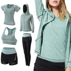 ODWTMRK Jogginganzug Damen Sport Set Sportbekleidung 5er-Set Trainingsanzug Yoga Kleidung Anzug Laufbekleidung Gym Fitness Set Kleidung(Grün-B,L) von ODWTMRK