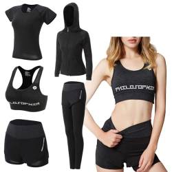 ODWTMRK Jogginganzug Damen Sport Set Sportbekleidung 5er-Set Trainingsanzug Yoga Kleidung Anzug Laufbekleidung Gym Fitness Set Kleidung(Schwarz-B,M) von ODWTMRK