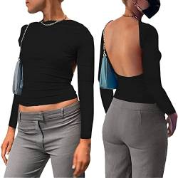 OEAK Damen Crop Top Sexy Rückenfreies Shirts Einfarbig Rundhals Langarmshirts Slim Fit Rücken Cut Out Oberteile Cropped Tee Y2K Streetwear,Schwarz,S von OEAK