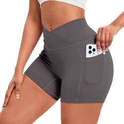 OEAK Damen Gym Shorts V Cross Scrunch Butt Sportshorts mit Handytasche High Wasit Push Up Kurz Leggings Sporthose Nahtlos Booty Laufhose Radlerhose(1PC Dunkelgrau，M) von OEAK