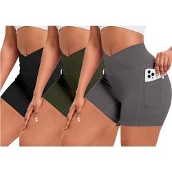 OEAK Damen Gym Shorts V Cross Scrunch Butt Sportshorts mit Handytasche High Wasit Push Up Kurz Leggings Sporthose Nahtlos Booty Laufhose Radlerhose(3PCS Schwarz + Dunkelgrau + Armeegrün，M) von OEAK