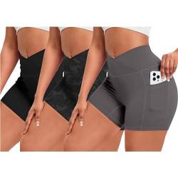 OEAK Damen Gym Shorts V Cross Scrunch Butt Sportshorts mit Handytasche High Wasit Push Up Kurz Leggings Sporthose Nahtlos Booty Laufhose Radlerhose(3PCS Schwarz + Dunkelgrau + Tarnung Grau，M) von OEAK