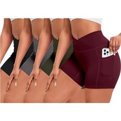 OEAK Damen Gym Shorts V Cross Scrunch Butt Sportshorts mit Handytasche High Wasit Push Up Kurz Leggings Sporthose Nahtlos Booty Laufhose Radlerhose(4PCS Schwarz + Dunkelgrau + Weinrot + Armeegrün，M) von OEAK