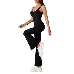 OEAK Damen Jumpsuit Flared Eng Ärmellose Rückenfrei Yoga Overall Bodycon Bodysuit mit Reißverschluss Elegant Hosenanzug Einteiler Ganzkörperanzug Romper,Kohlenschwarz,S von OEAK