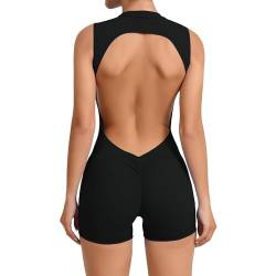 OEAK Damen Jumpsuit Kurz Eng Yoga Bodysuit Sexy Ärmellose Rückenfrei Overall Scrunch Butt Playsuits Einteiliger Bodycon Romper Ganzkörperanzug Sommer(Schwarz，M) von OEAK