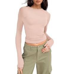 OEAK Damen Langarmshirts Y2K Oberteile Slim Fit Rundhals Cropped Tee Einfarbig Basic Shirts Tops Casual Athletisches Top Teenager Streetwear,Beige,L von OEAK