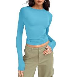 OEAK Damen Langarmshirts Y2K Oberteile Slim Fit Rundhals Cropped Tee Einfarbig Basic Shirts Tops Casual Athletisches Top Teenager Streetwear,Blau,M von OEAK