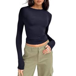 OEAK Damen Langarmshirts Y2K Oberteile Slim Fit Rundhals Cropped Tee Einfarbig Basic Shirts Tops Casual Athletisches Top Teenager Streetwear,Dunkelblau,M von OEAK