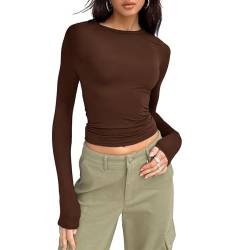 OEAK Damen Langarmshirts Y2K Oberteile Slim Fit Rundhals Cropped Tee Einfarbig Basic Shirts Tops Casual Athletisches Top Teenager Streetwear,Dunkelbraun,S von OEAK