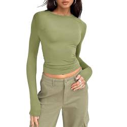 OEAK Damen Langarmshirts Y2K Oberteile Slim Fit Rundhals Cropped Tee Einfarbig Basic Shirts Tops Casual Athletisches Top Teenager Streetwear,Grün,M von OEAK