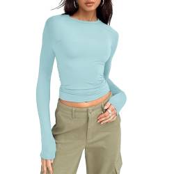 OEAK Damen Langarmshirts Y2K Oberteile Slim Fit Rundhals Cropped Tee Einfarbig Basic Shirts Tops Casual Athletisches Top Teenager Streetwear,Hellblau,M von OEAK