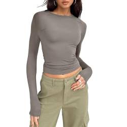 OEAK Damen Langarmshirts Y2K Oberteile Slim Fit Rundhals Cropped Tee Einfarbig Basic Shirts Tops Casual Athletisches Top Teenager Streetwear,Hellgrau,L von OEAK