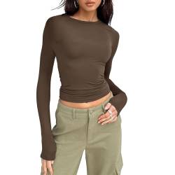 OEAK Damen Langarmshirts Y2K Oberteile Slim Fit Rundhals Cropped Tee Einfarbig Basic Shirts Tops Casual Athletisches Top Teenager Streetwear,Kamel,L von OEAK