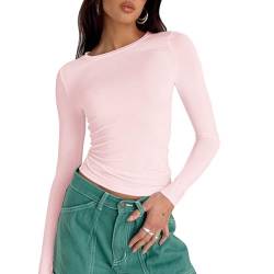 OEAK Damen Langarmshirts Y2K Oberteile Slim Fit Rundhals Cropped Tee Einfarbig Basic Shirts Tops Casual Athletisches Top Teenager Streetwear,Rosa,XS von OEAK