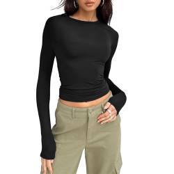 OEAK Damen Langarmshirts Y2K Oberteile Slim Fit Rundhals Cropped Tee Einfarbig Basic Shirts Tops Casual Athletisches Top Teenager Streetwear,Schwarz,L von OEAK