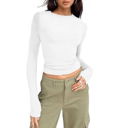 OEAK Damen Langarmshirts Y2K Oberteile Slim Fit Rundhals Cropped Tee Einfarbig Basic Shirts Tops Casual Athletisches Top Teenager Streetwear,Weiß,L von OEAK