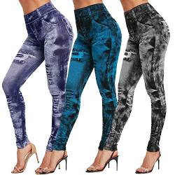 OEAK Damen Leggings Jeans-Look High Waist Jeggings Stretch Jeans Hose Blickdicht Bedruckte Yogahose Kompressions Fitnesshose für Gym Laufen Fitness,Blau+ grau + schwarz,3XL von OEAK