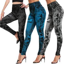 OEAK Damen Leggings Jeans-Look High Waist Jeggings Stretch Jeans Hose Blickdicht Bedruckte Yogahose Kompressions Fitnesshose für Gym Laufen Fitness,Blau + pures schwarz + schwarz,XL von OEAK