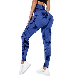 OEAK Damen Scrunch Butt Sport Leggings High Waist Push Up Boom Booty Leggings Bachkontrolle Blickdicht Sporthose Nahtlos Gym Yogahosen,Tie Dye Dunkelblau,M von OEAK