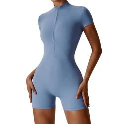 OEAK Damen Sport Jumpsuit Kurz Eng Yoga Bodysuit Overall Langarm/Kurzarm V-Ausschnitt Playsuits mit Reißverschluss Einteiliger Bodycon Strampler Ganzkörperanzug,Kurzarm-Blau,M von OEAK