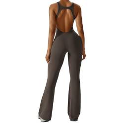 OEAK Damen Sport Jumpsuit Lang Eng Flare Jumpsuits Elegant Hosenanzug Ärmellos Yoga Overall Einteiler Ganzkörperanzug Weites Bein Romper Schlaghosen,H-Rücken Braun,S von OEAK