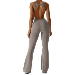 OEAK Damen Sport Jumpsuit Lang Eng Flare Jumpsuits Elegant Hosenanzug Ärmellos Yoga Overall Einteiler Ganzkörperanzug Weites Bein Romper Schlaghosen,H-Rücken Hellbraun,M von OEAK